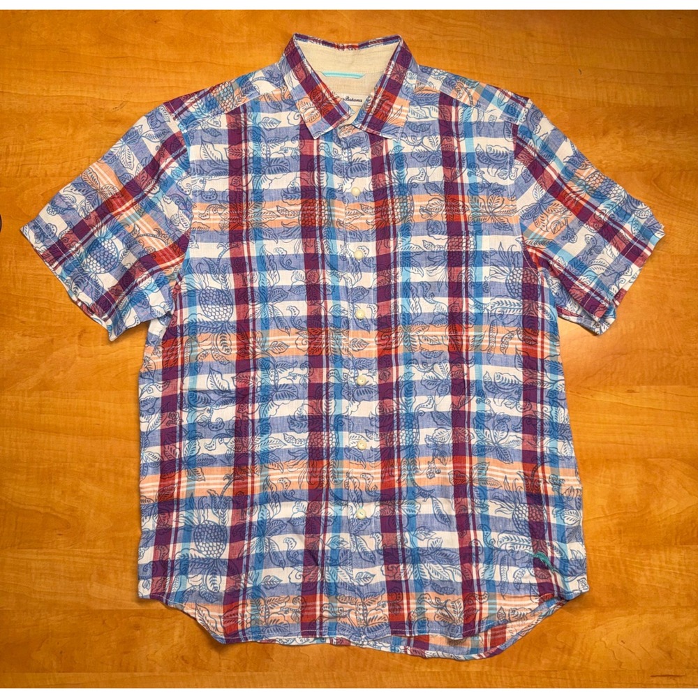 Tommy Bahama Mens Medium Linen Plaid Pineapple Tropical Button‎ Down Shirt